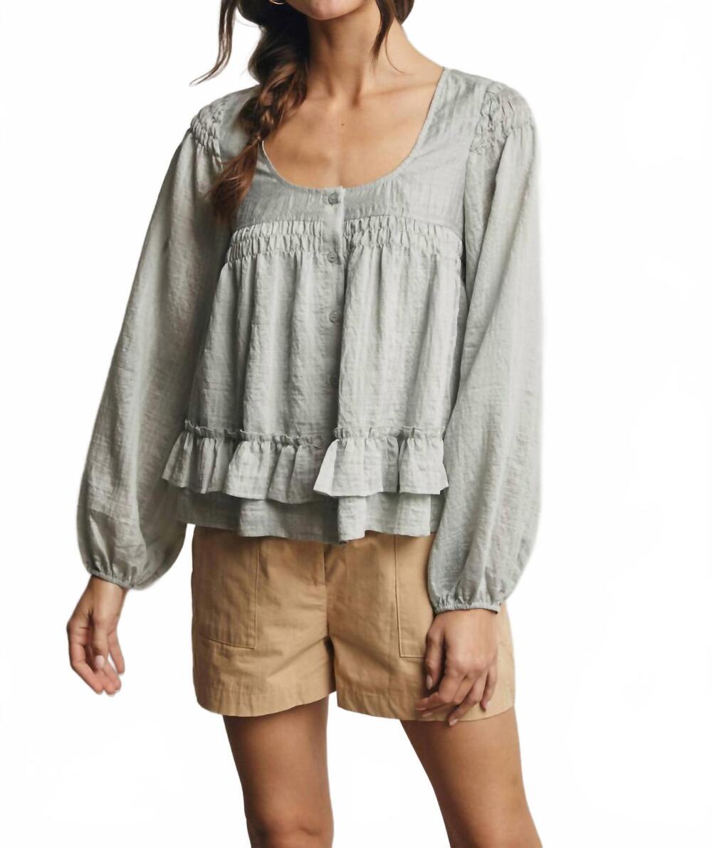 NEW FORTE ruffle hem peasant blouse in sage